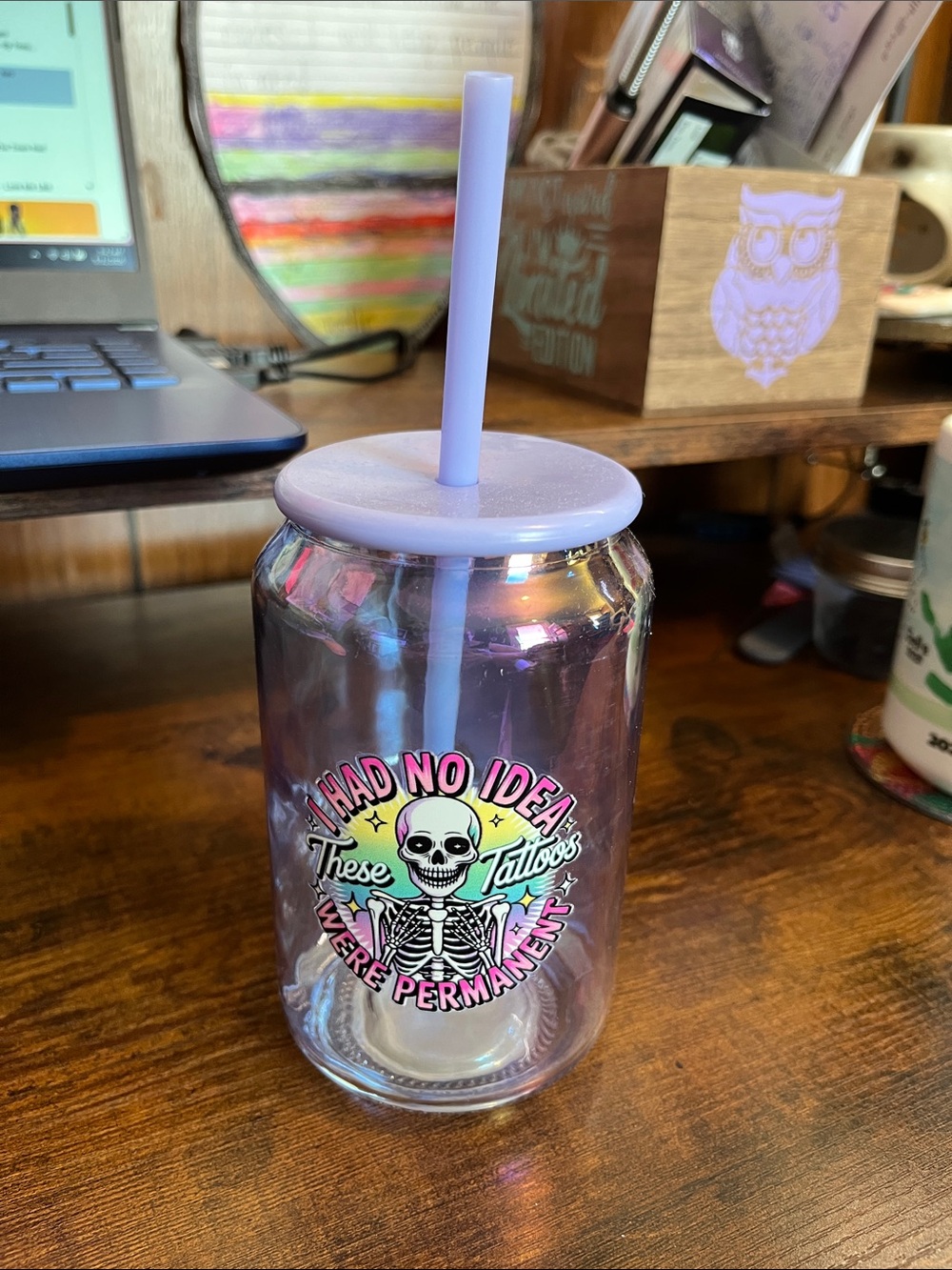 Lavender Iridescent Skull Can Tumbler with Straw - Unbranded